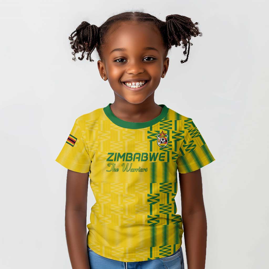 Custom Zimbabwe Football Kid T shirt Come On Warriors - Kente Pattern - African Pride