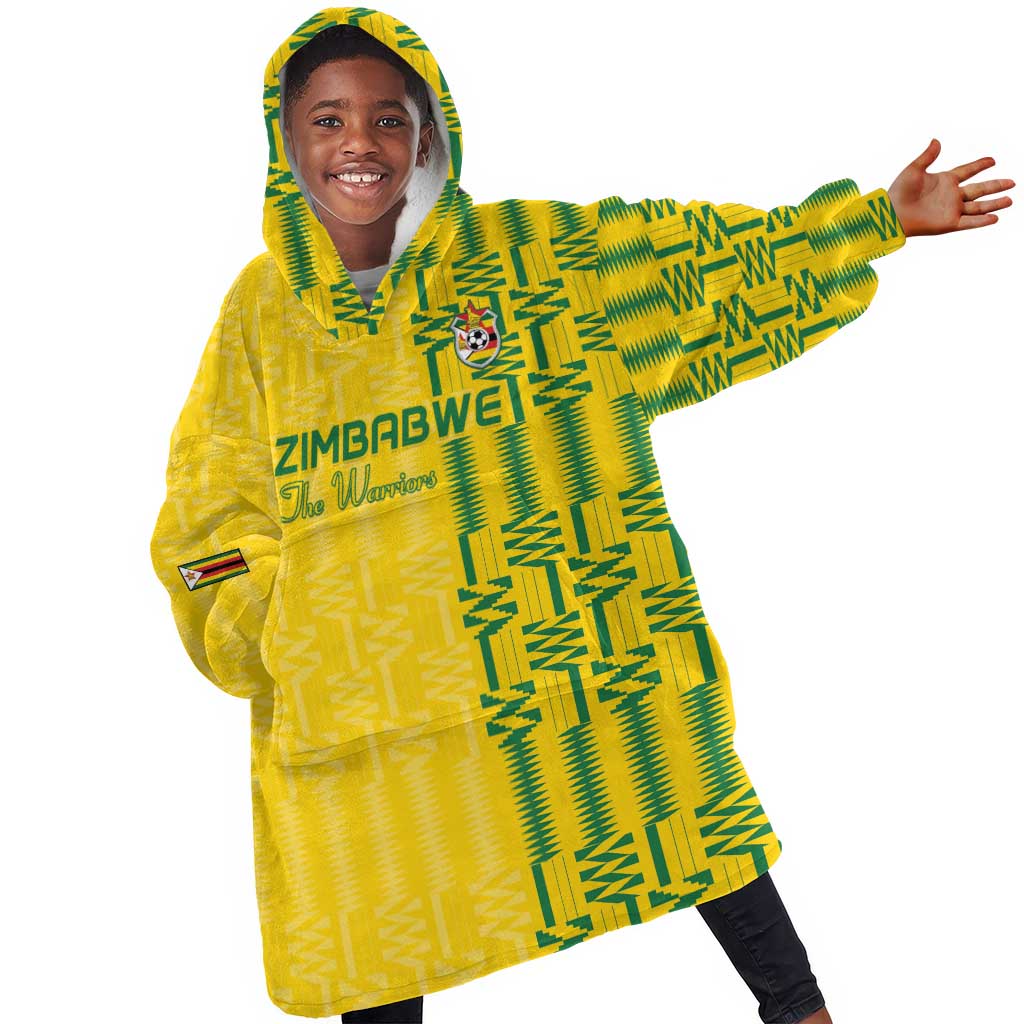 Custom Zimbabwe Football Kid Wearable Blanket Hoodie Come On Warriors - Kente Pattern - African Pride
