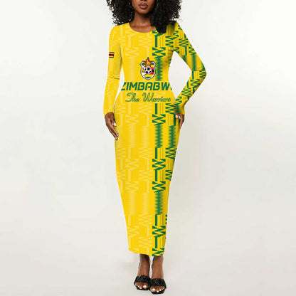Custom Zimbabwe Football Long Sleeve Bodycon Dress Come On Warriors - Kente Pattern - African Pride