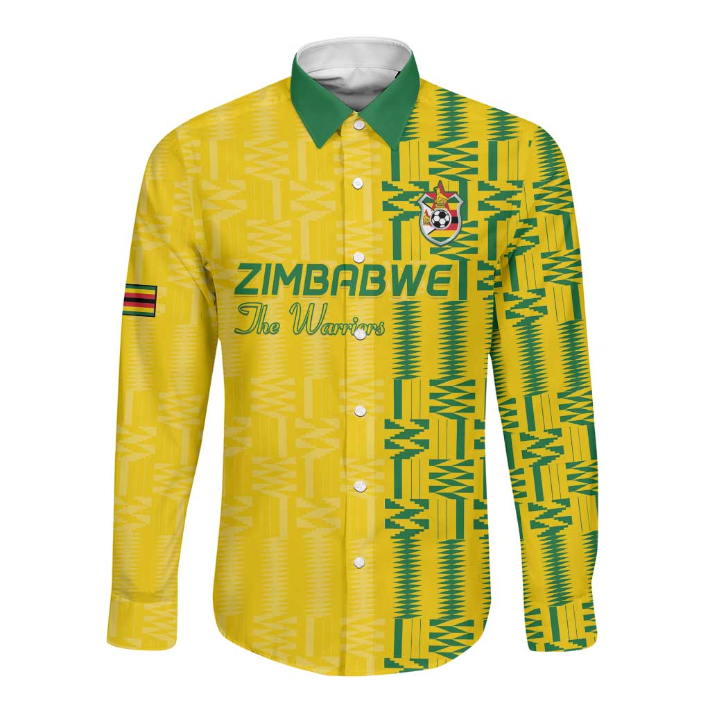 Custom Zimbabwe Football Long Sleeve Button Shirt Come On Warriors - Kente Pattern - African Pride
