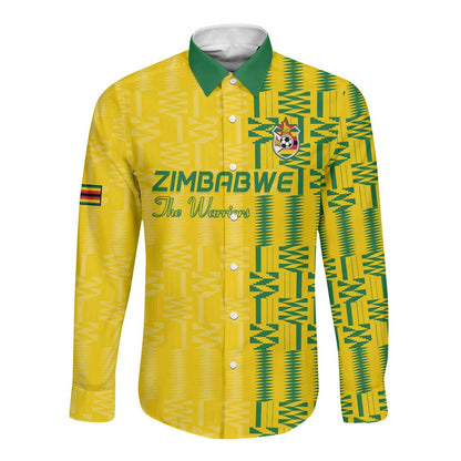 Custom Zimbabwe Football Long Sleeve Button Shirt Come On Warriors - Kente Pattern - African Pride