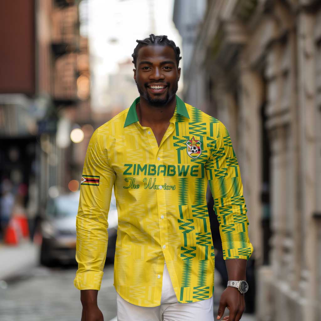 Custom Zimbabwe Football Long Sleeve Button Shirt Come On Warriors - Kente Pattern - African Pride