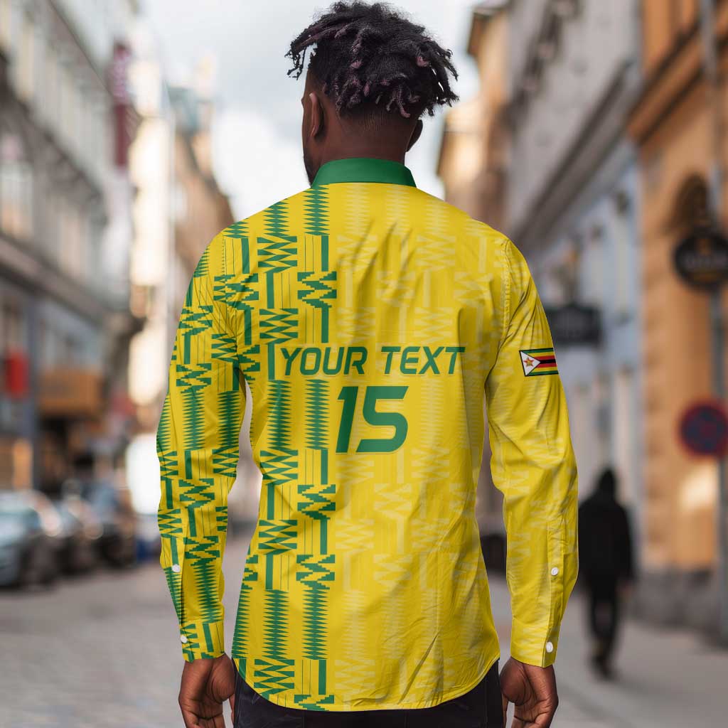 Custom Zimbabwe Football Long Sleeve Button Shirt Come On Warriors - Kente Pattern - African Pride