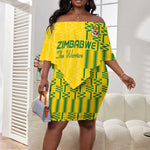 Custom Zimbabwe Football Off Shoulder Short Dress Come On Warriors - Kente Pattern - African Pride
