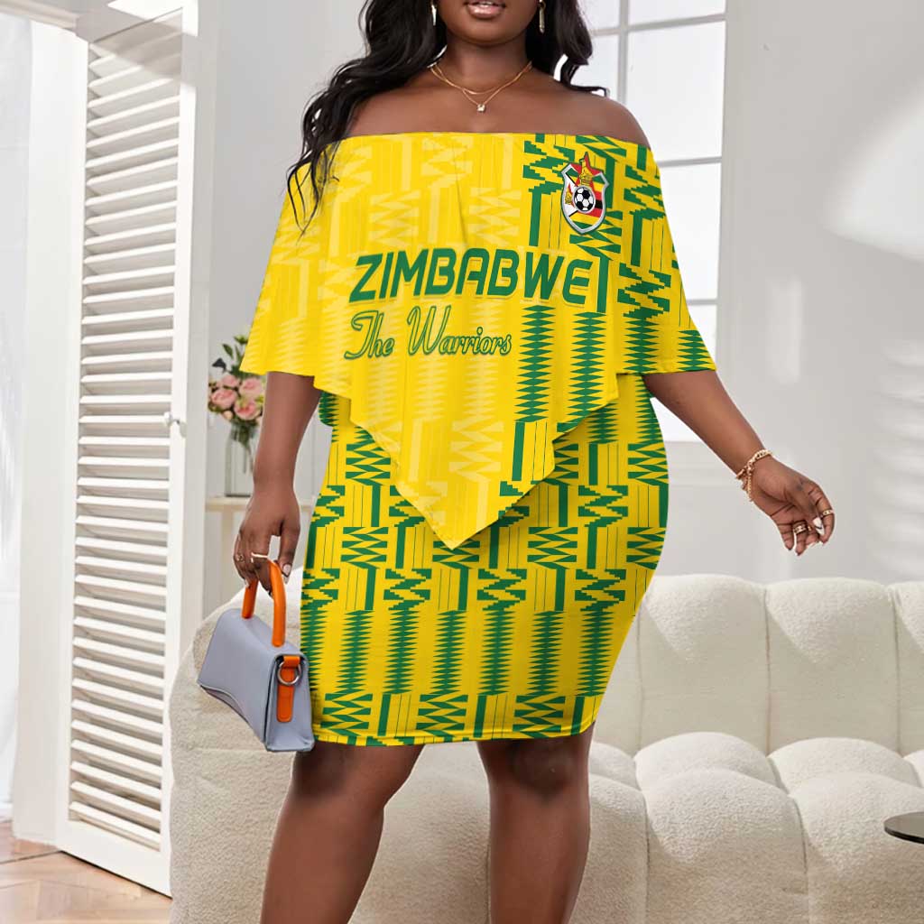 Custom Zimbabwe Football Off Shoulder Short Dress Come On Warriors - Kente Pattern - African Pride
