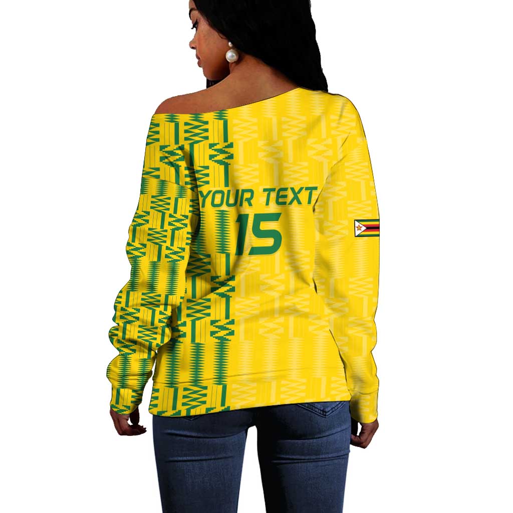 Custom Zimbabwe Football Off Shoulder Sweater Come On Warriors - Kente Pattern - African Pride