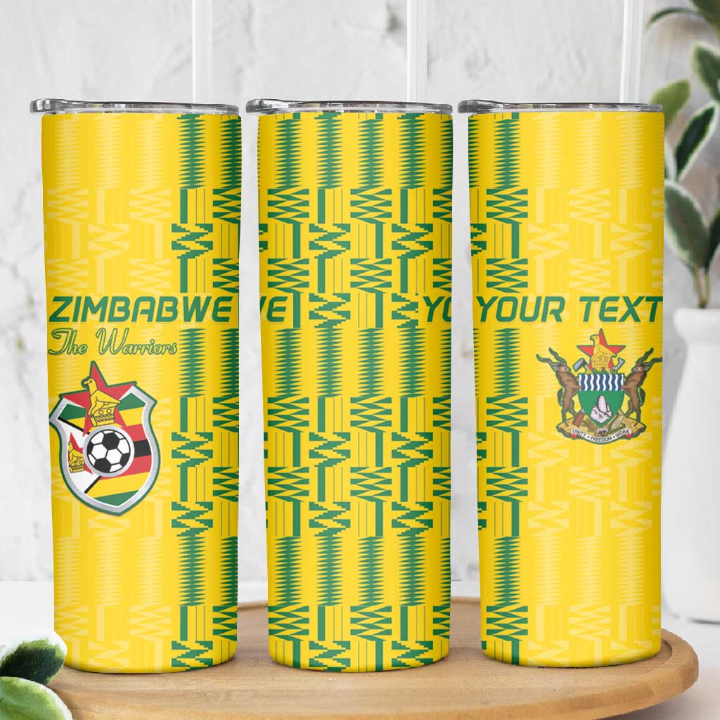 Custom Zimbabwe Football Skinny Tumbler Come On Warriors - Kente Pattern - African Pride