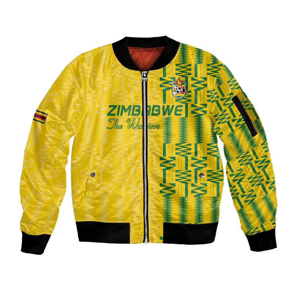 Custom Zimbabwe Football Sleeve Zip Bomber Jacket Come On Warriors - Kente Pattern - African Pride