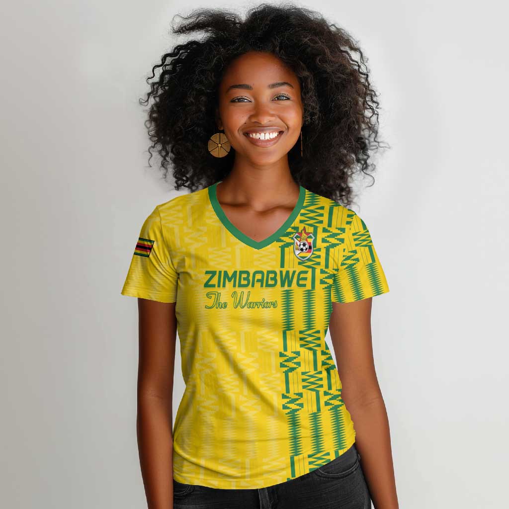 Custom Zimbabwe Football Women V-Neck T-Shirt Come On Warriors - Kente Pattern - African Pride