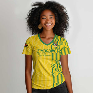 Custom Zimbabwe Football Women V-Neck T-Shirt Come On Warriors - Kente Pattern - African Pride