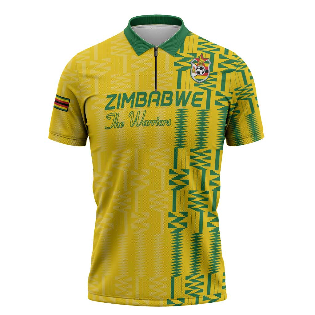 Custom Zimbabwe Football Zipper Polo Shirt Come On Warriors - Kente Pattern - African Pride