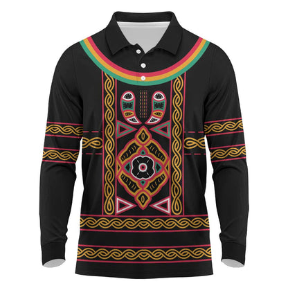 Cameroon Bamenda Long Sleeve Polo Shirt Toghu Traditional Pattern