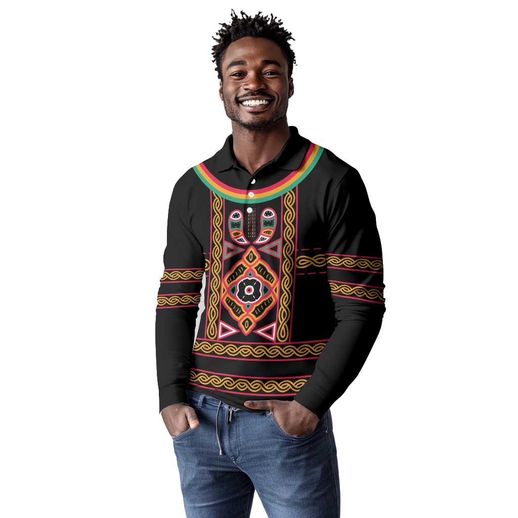 Cameroon Bamenda Long Sleeve Polo Shirt Toghu Traditional Pattern