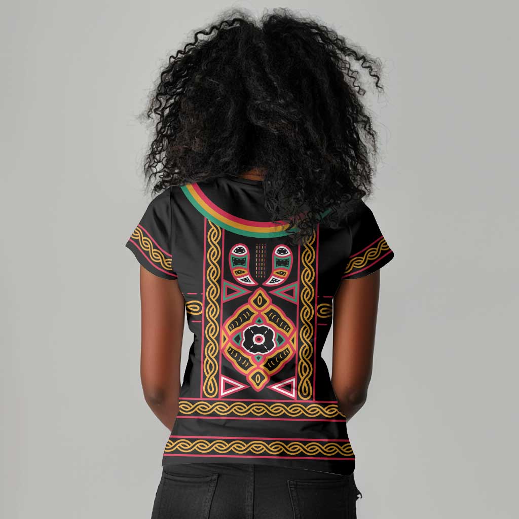Cameroon Bamenda Women V-Neck T-Shirt Toghu Traditional Pattern