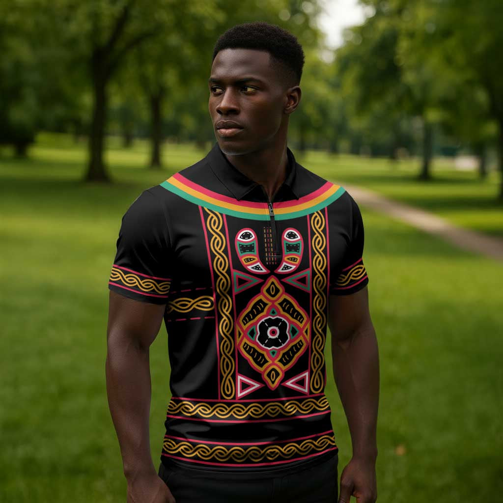 Cameroon Bamenda Zipper Polo Shirt Toghu Traditional Pattern