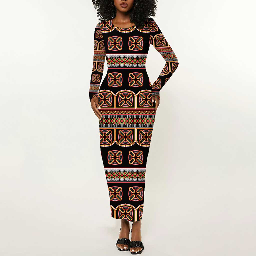 Bamenda Toghu Long Sleeve Bodycon Dress Cameroon Traditional Pattern