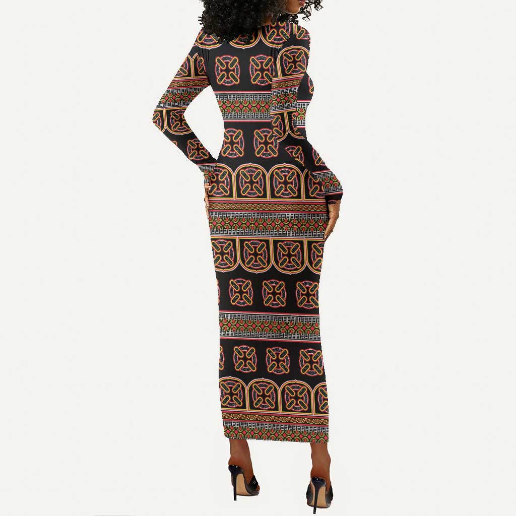 Bamenda Toghu Long Sleeve Bodycon Dress Cameroon Traditional Pattern