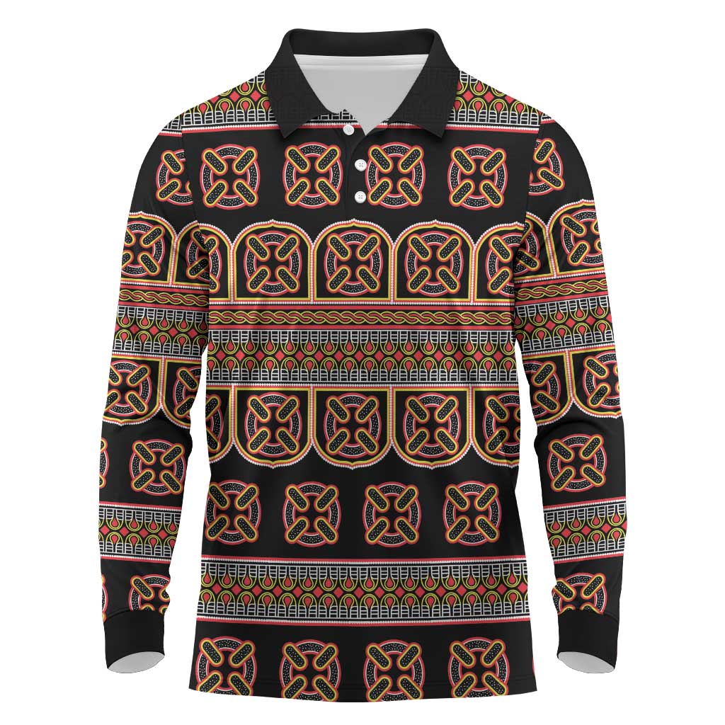 Bamenda Toghu Long Sleeve Polo Shirt Cameroon Traditional Pattern