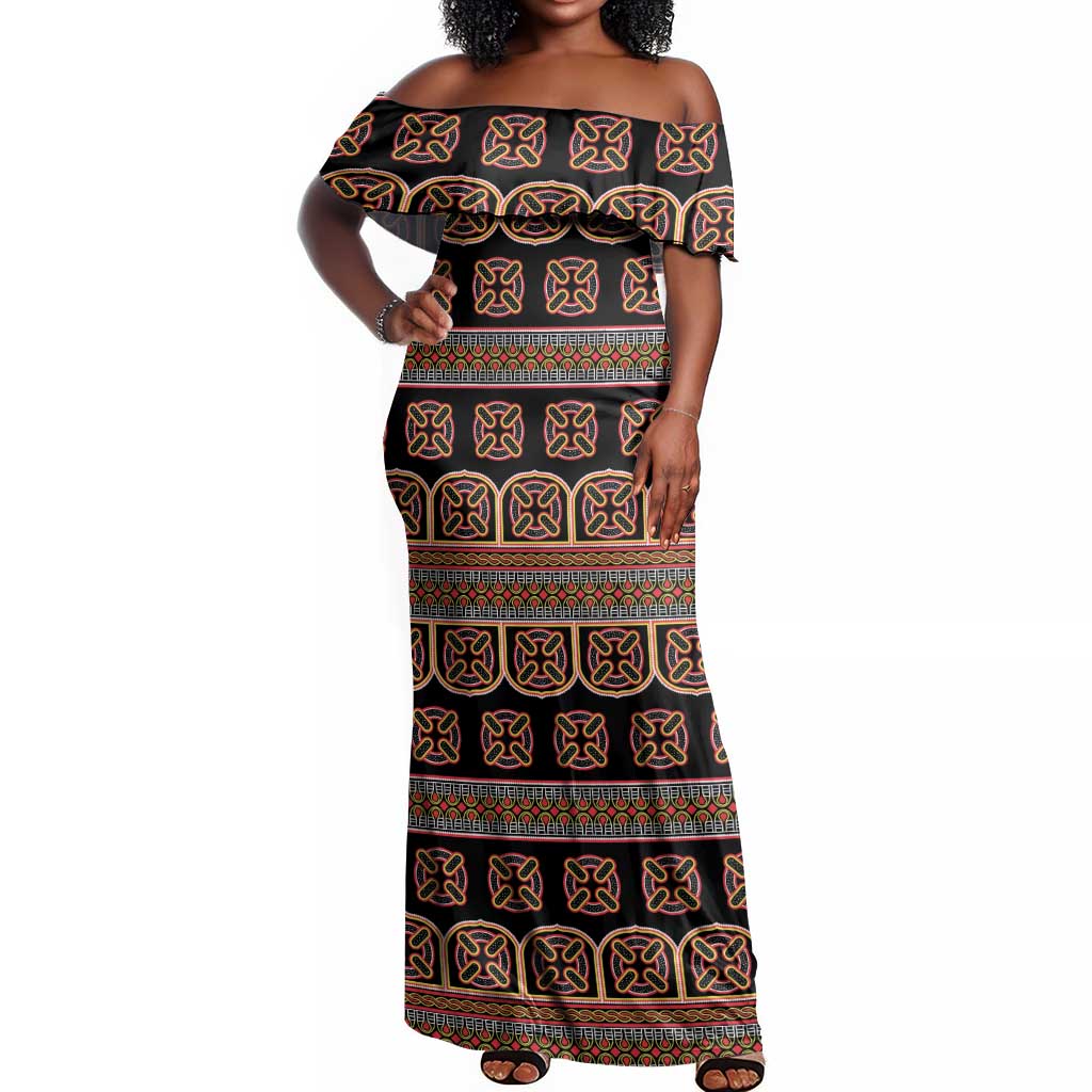 Bamenda Toghu Off Shoulder Maxi Dress Cameroon Traditional Pattern