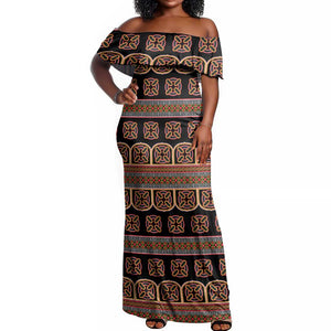 Bamenda Toghu Off Shoulder Maxi Dress Cameroon Traditional Pattern