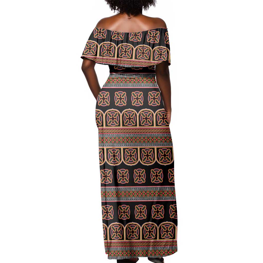 Bamenda Toghu Off Shoulder Maxi Dress Cameroon Traditional Pattern