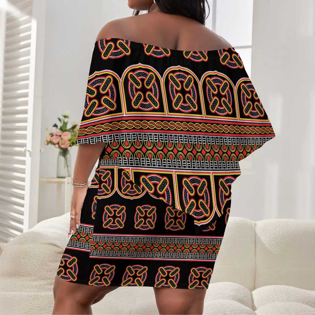 Bamenda Toghu Off Shoulder Short Dress Cameroon Traditional Pattern