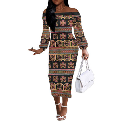Bamenda Toghu Off The Shoulder Long Sleeve Dress Cameroon Traditional Pattern