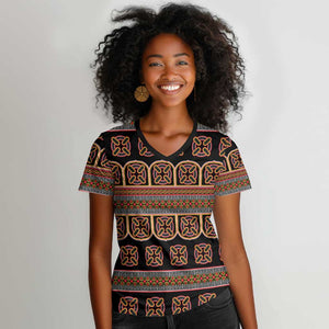 Bamenda Toghu Women V-Neck T-Shirt Cameroon Traditional Pattern