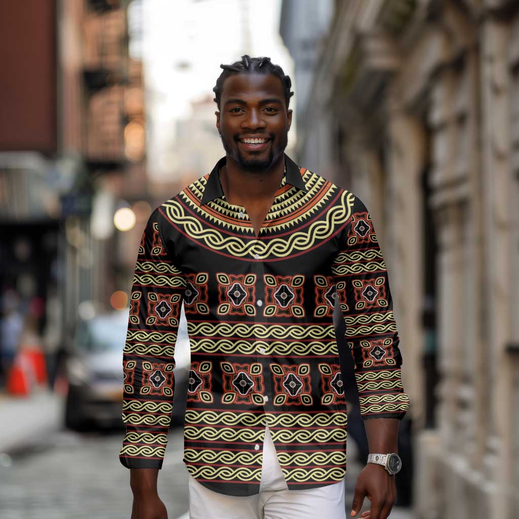 Cameroon Traditional Pattern Long Sleeve Button Shirt Bamenda Royal Toghu