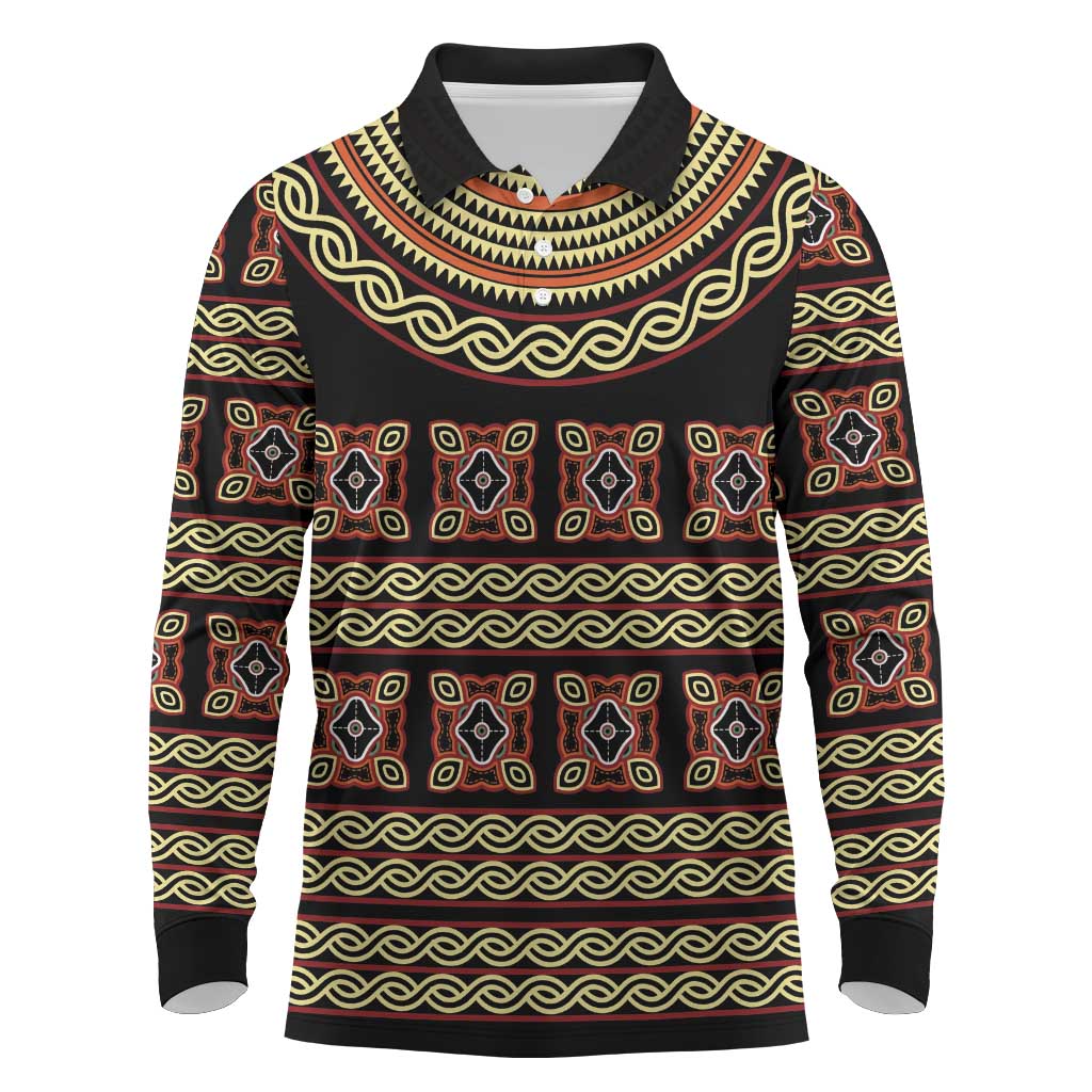 Cameroon Traditional Pattern Long Sleeve Polo Shirt Bamenda Royal Toghu