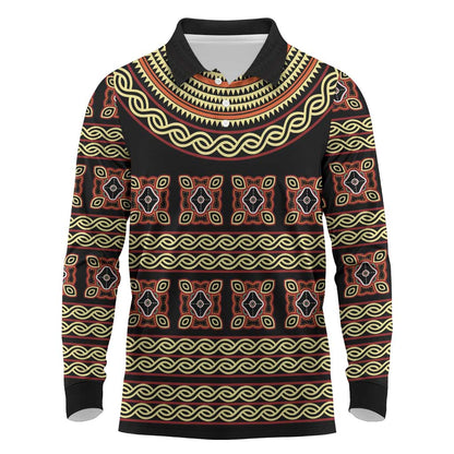 Cameroon Traditional Pattern Long Sleeve Polo Shirt Bamenda Royal Toghu