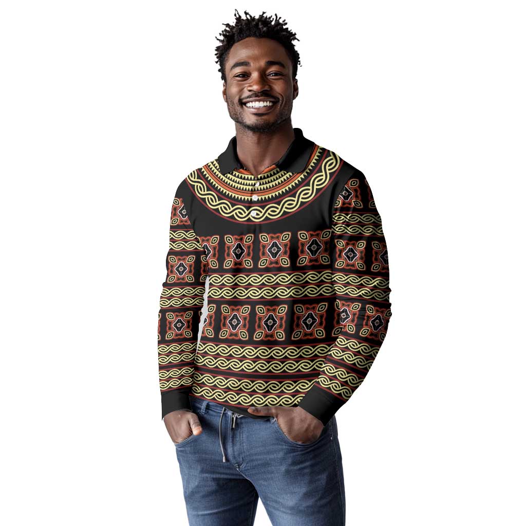 Cameroon Traditional Pattern Long Sleeve Polo Shirt Bamenda Royal Toghu