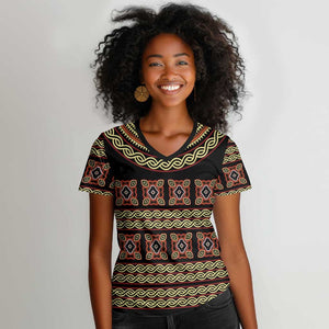 Cameroon Traditional Pattern Women V-Neck T-Shirt Bamenda Royal Toghu