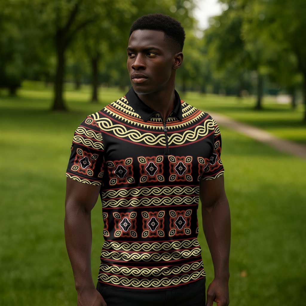 Cameroon Traditional Pattern Zipper Polo Shirt Bamenda Royal Toghu