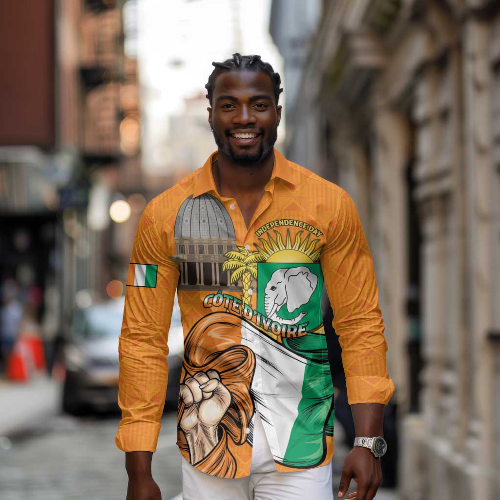 Personalised Happy Cote dIvoire Long Sleeve Button Shirt 65th of Independence Day