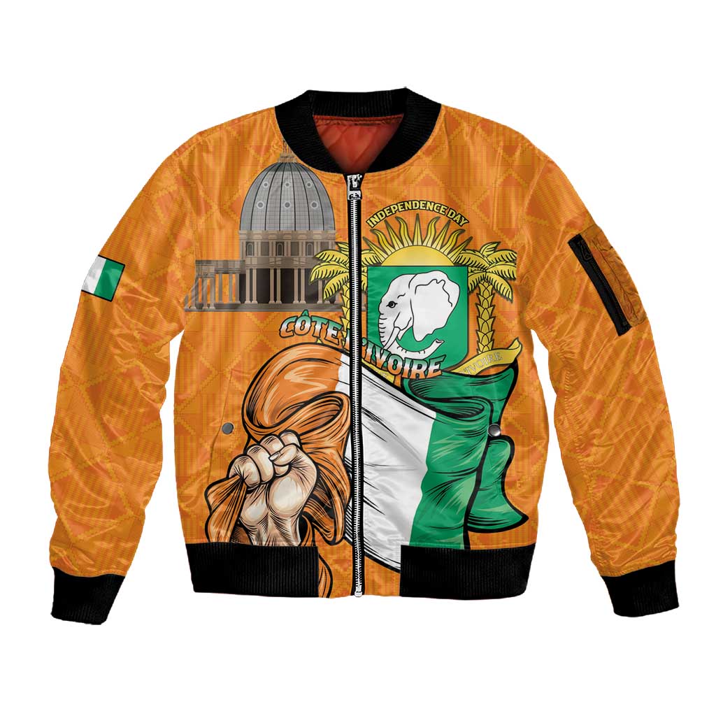 Personalised Happy Cote dIvoire Sleeve Zip Bomber Jacket 65th of Independence Day