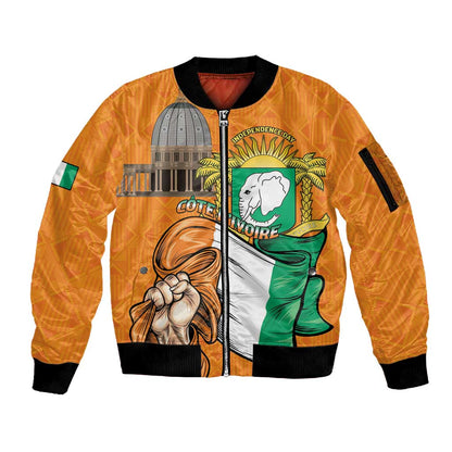 Personalised Happy Cote dIvoire Sleeve Zip Bomber Jacket 65th of Independence Day