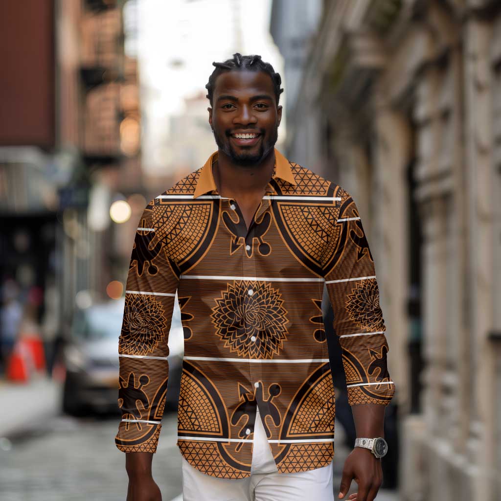 Basotho Blanket Long Sleeve Button Shirt Lesotho Seanamarena Heritage - Orange - African Pride
