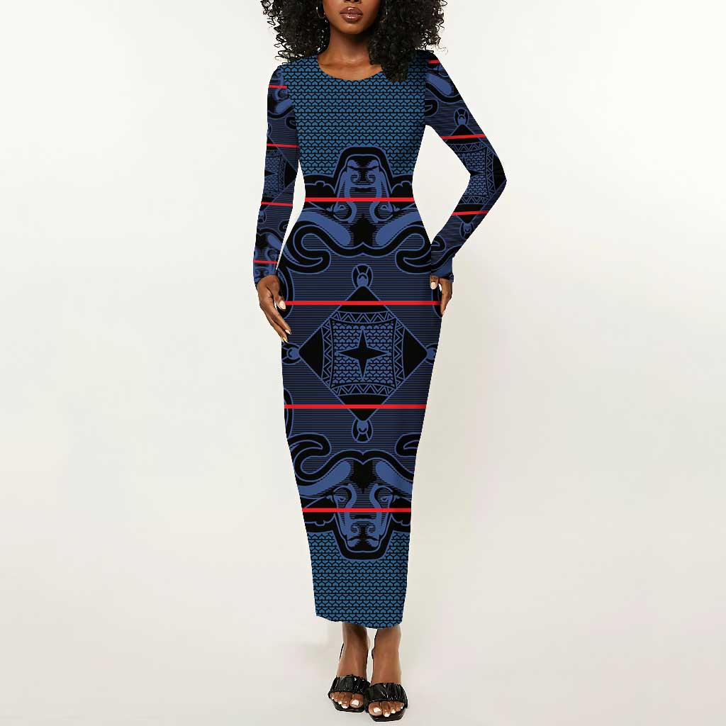 Basotho Blanket Long Sleeve Bodycon Dress Lesotho Motlatsi Seanamarena Heritage - Blue - African Pride