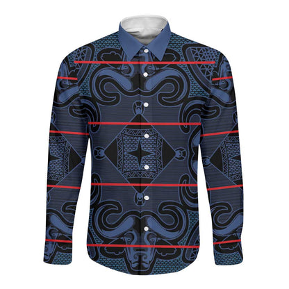 Basotho Blanket Long Sleeve Button Shirt Lesotho Motlatsi Seanamarena Heritage - Blue - African Pride
