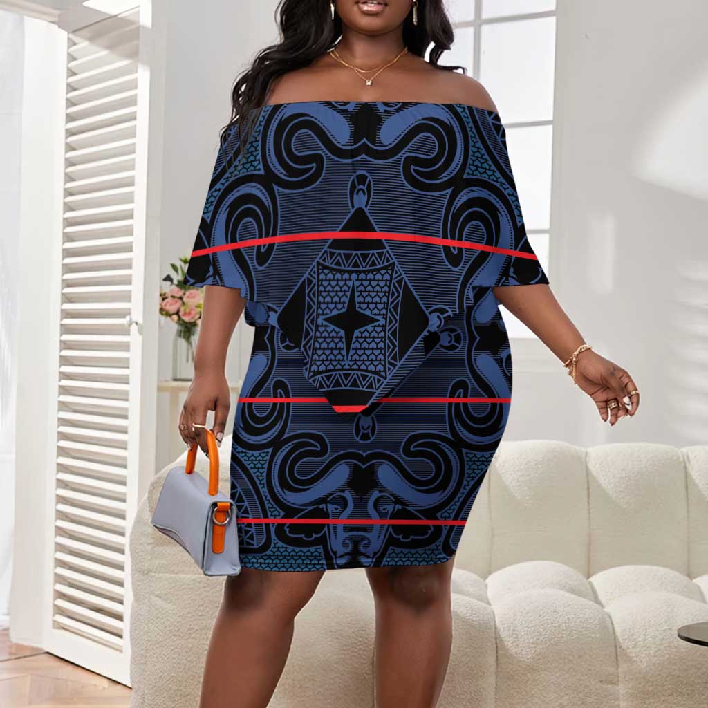 Basotho Blanket Off Shoulder Short Dress Lesotho Motlatsi Seanamarena Heritage - Blue - African Pride