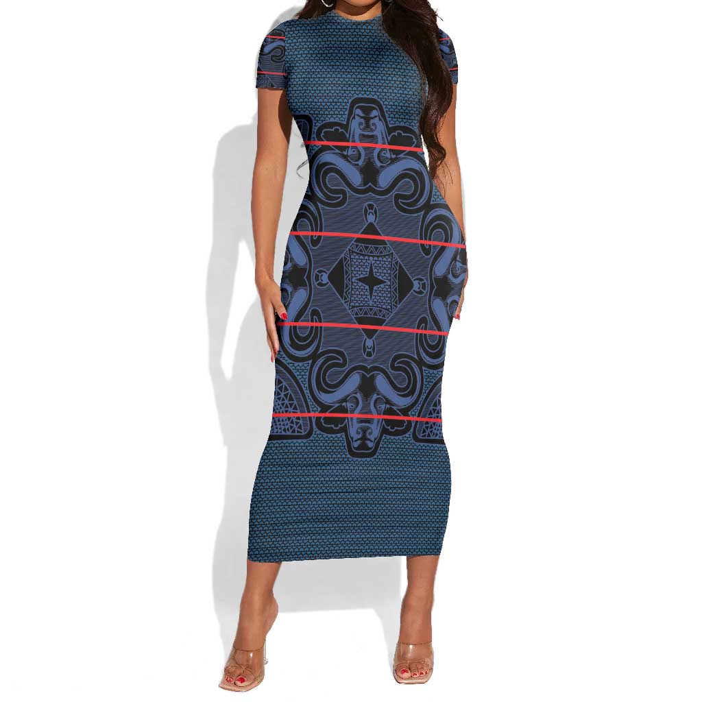 Basotho Blanket Short Sleeve Bodycon Dress Lesotho Motlatsi Seanamarena Heritage - Blue - African Pride