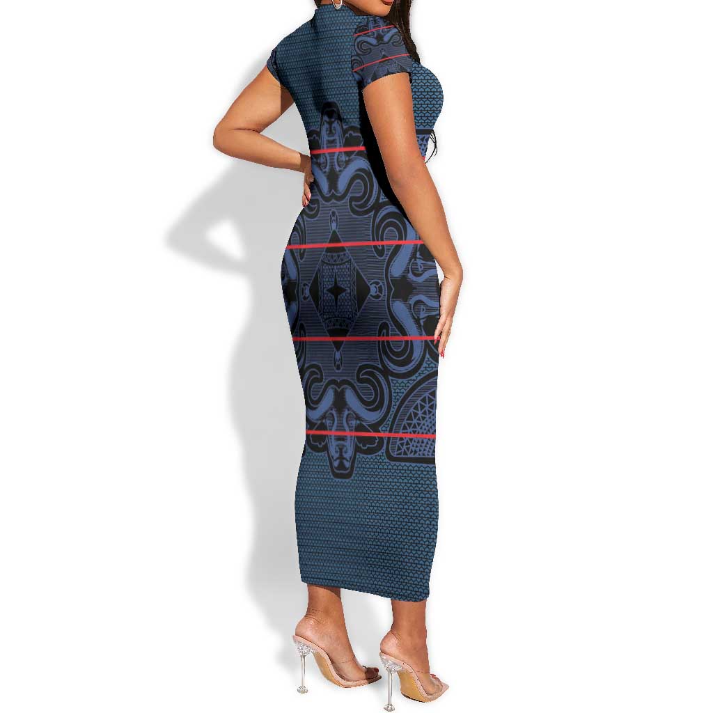 Basotho Blanket Short Sleeve Bodycon Dress Lesotho Motlatsi Seanamarena Heritage - Blue - African Pride