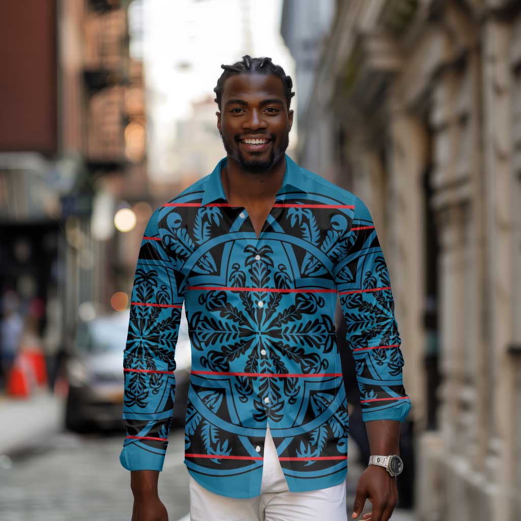 Basotho Blanket Long Sleeve Button Shirt Lesotho Kharetsa Seanamarena Heritage - Blue - African Pride