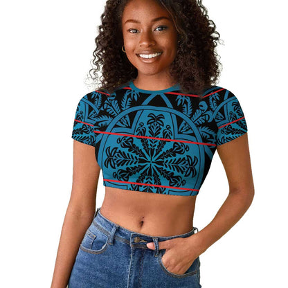 Basotho Blanket Raglan Cropped T shirt Lesotho Kharetsa Seanamarena Heritage - Blue - African Pride