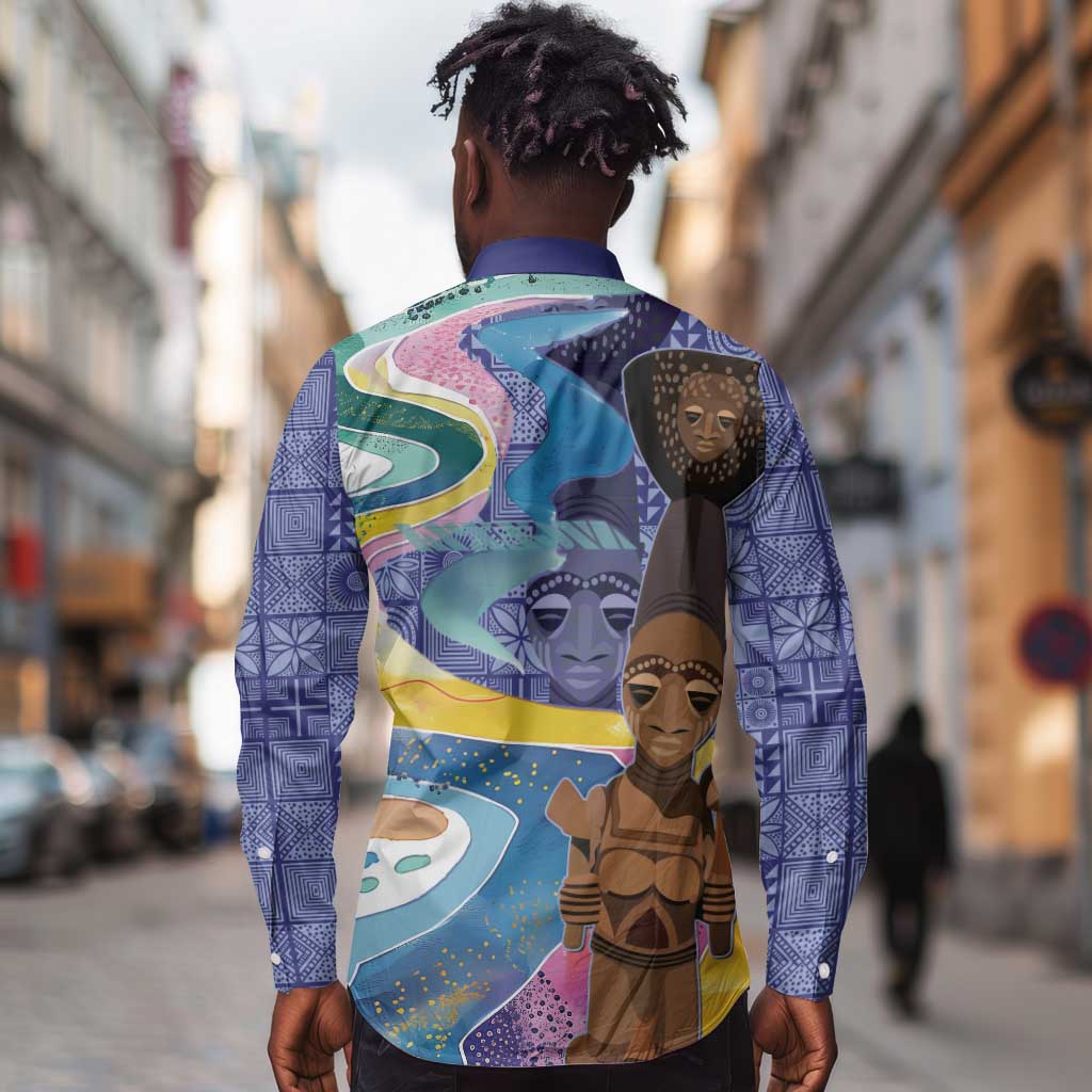Nigeria Osun-Osogbo Festival Long Sleeve Button Shirt Oshun God - Yoruba Pattern - African Pride