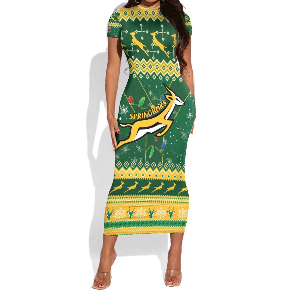 South Africa Christmas Rugby Short Sleeve Bodycon Dress Springboks Geseende Kersfees