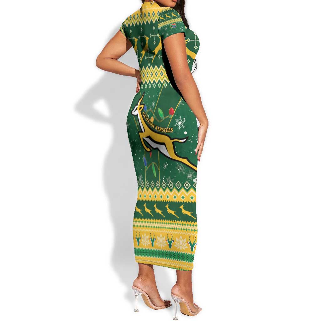 South Africa Christmas Rugby Short Sleeve Bodycon Dress Springboks Geseende Kersfees LT15