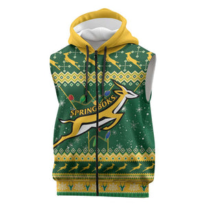 South Africa Christmas Rugby Sleeveless Zip Hoodie Springboks Geseende Kersfees - African Pride