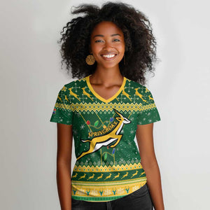 South Africa Christmas Rugby Women V-Neck T-Shirt Springboks Geseende Kersfees